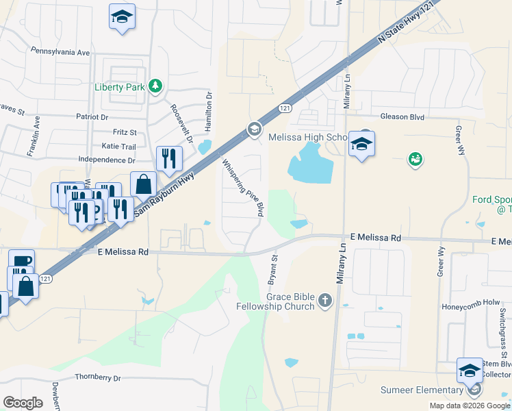 map of restaurants, bars, coffee shops, grocery stores, and more near 3013 Whispering Pine Boulevard in Melissa
