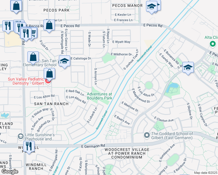 map of restaurants, bars, coffee shops, grocery stores, and more near 3617 South Loback Lane in Gilbert