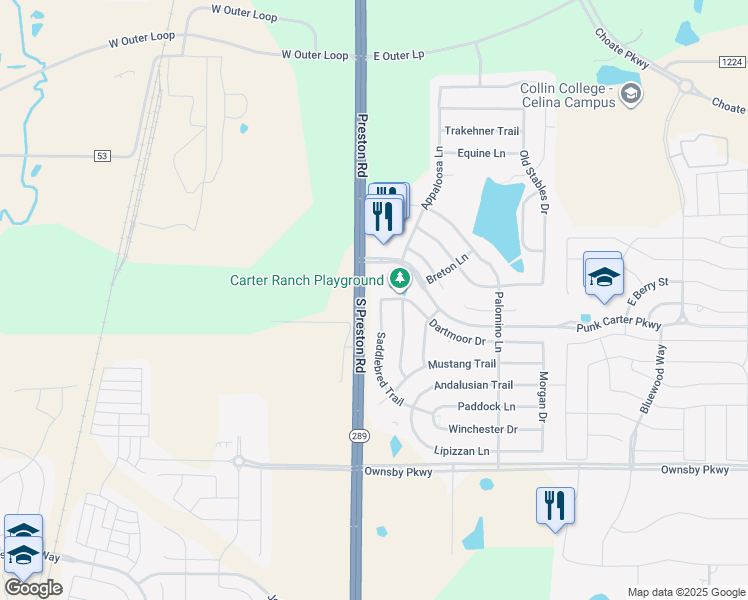 map of restaurants, bars, coffee shops, grocery stores, and more near 2801 Saddlebred Trail in Celina