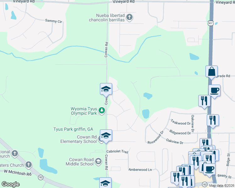 map of restaurants, bars, coffee shops, grocery stores, and more near 107 Kingston Court in Griffin