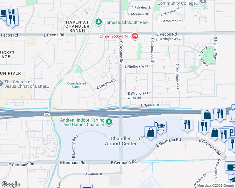 map of restaurants, bars, coffee shops, grocery stores, and more near 1450 South Cooper Road in Chandler