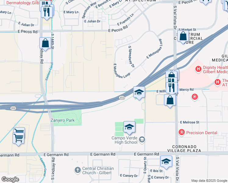 map of restaurants, bars, coffee shops, grocery stores, and more near 14694 East Willis Road in Gilbert