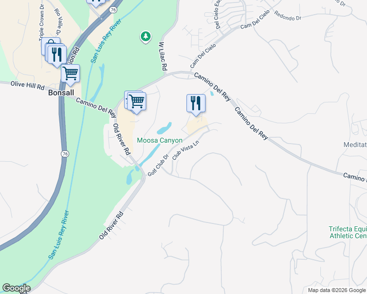map of restaurants, bars, coffee shops, grocery stores, and more near 31368 Club Vista Lane in Bonsall