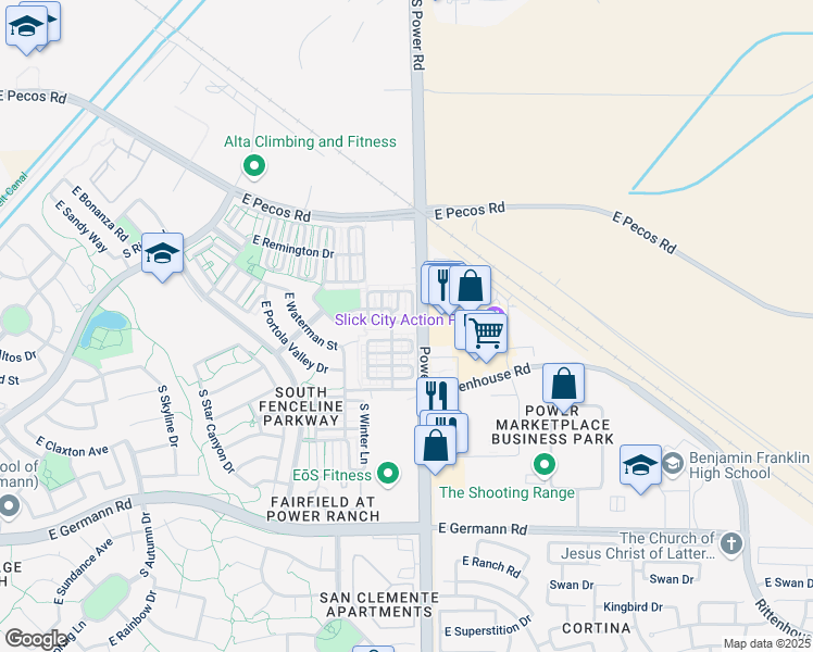 map of restaurants, bars, coffee shops, grocery stores, and more near 4761 East Woodside Way in Gilbert