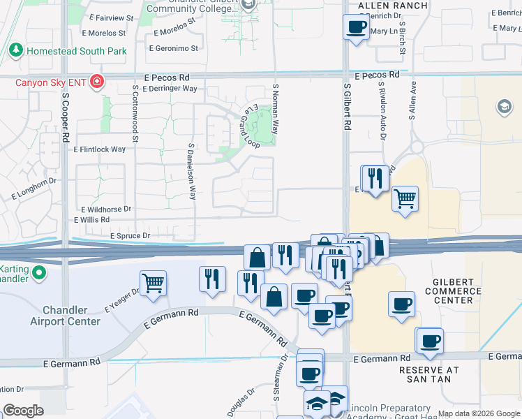 map of restaurants, bars, coffee shops, grocery stores, and more near 2680 East Wildhorse Place in Chandler