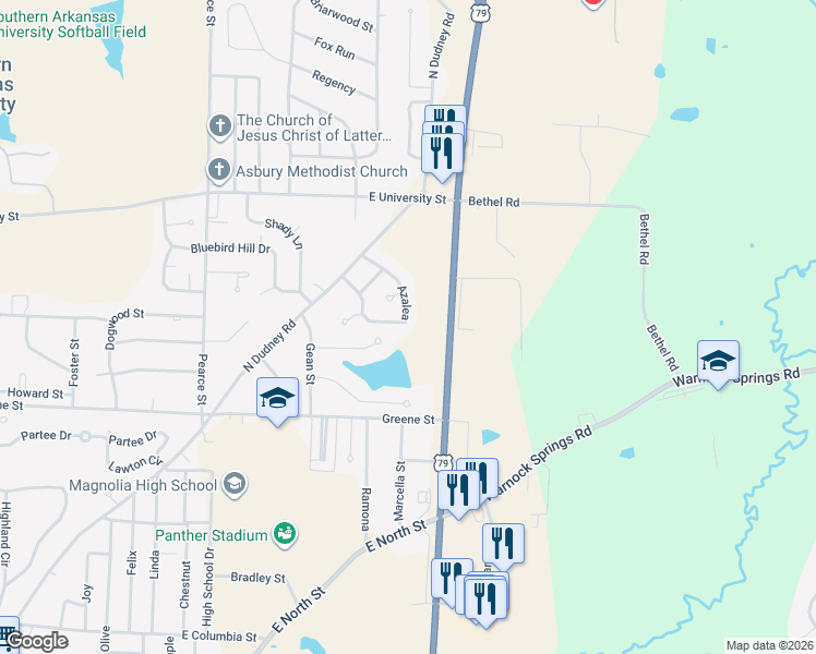 map of restaurants, bars, coffee shops, grocery stores, and more near 41 Azalea in Magnolia