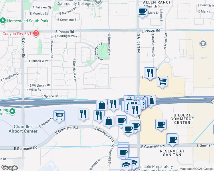 map of restaurants, bars, coffee shops, grocery stores, and more near 2680 East Wildhorse Place in Chandler