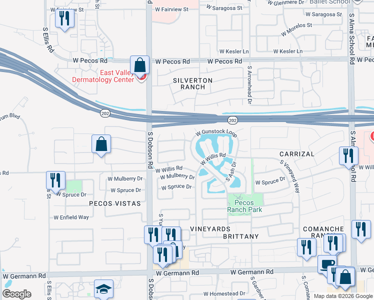 map of restaurants, bars, coffee shops, grocery stores, and more near 1441 South Cholla Place in Chandler
