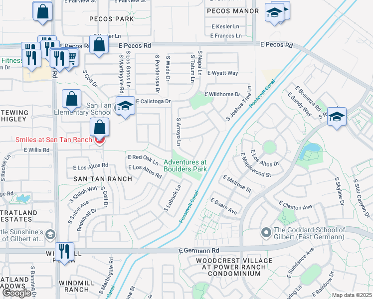 map of restaurants, bars, coffee shops, grocery stores, and more near 3623 South Arroyo Lane in Gilbert