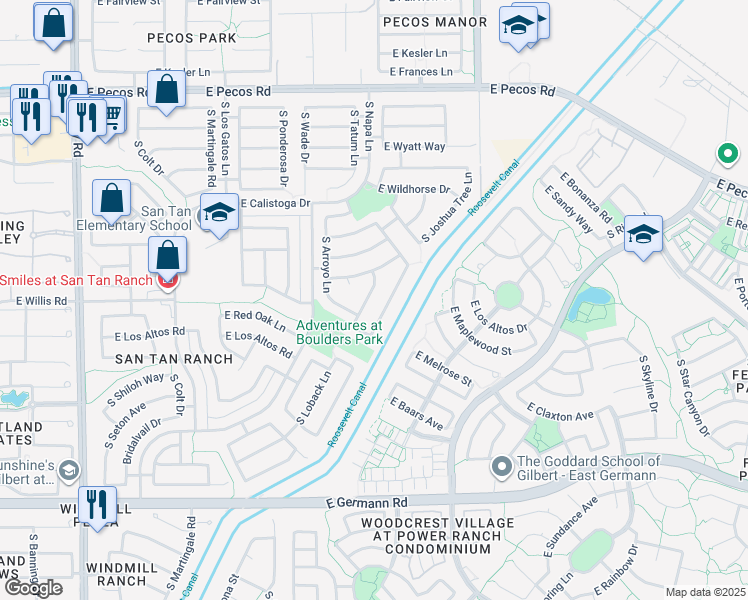 map of restaurants, bars, coffee shops, grocery stores, and more near 3609 South Loback Lane in Gilbert
