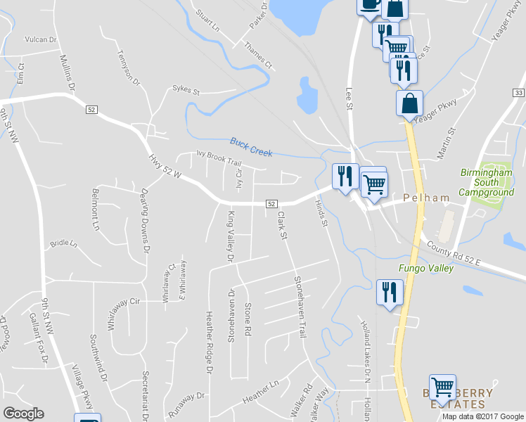 map of restaurants, bars, coffee shops, grocery stores, and more near 102 Rockbrook Lane in Pelham