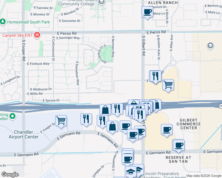 map of restaurants, bars, coffee shops, grocery stores, and more near 2680 East Wildhorse Place in Chandler