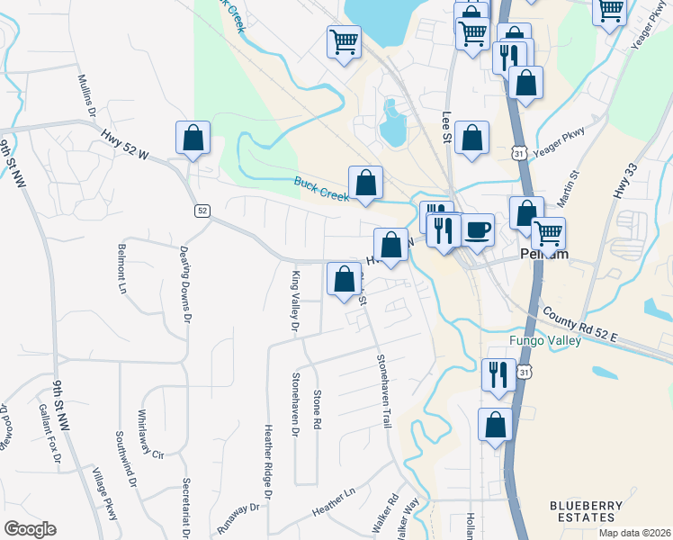 map of restaurants, bars, coffee shops, grocery stores, and more near 102 Rockbrook Lane in Pelham