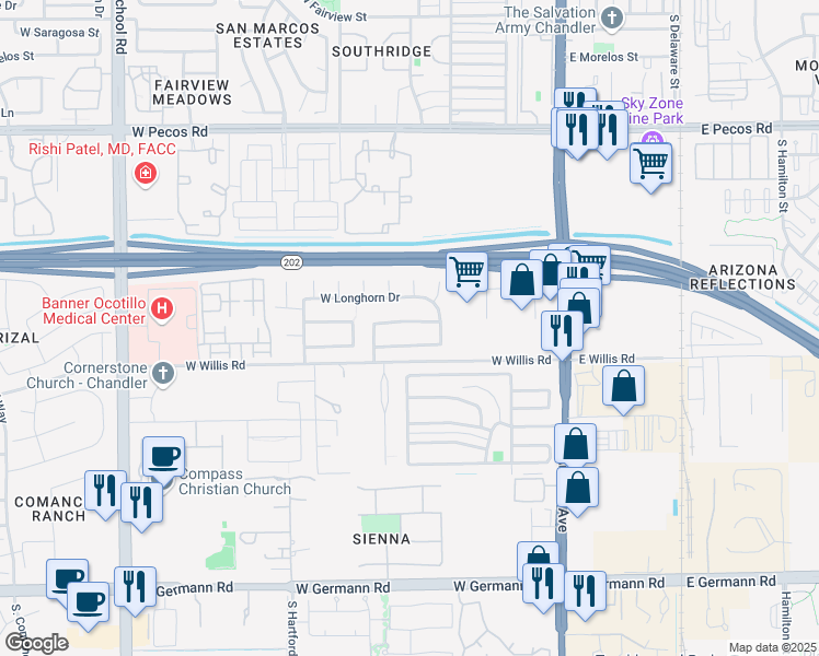 map of restaurants, bars, coffee shops, grocery stores, and more near 433 West Remington Drive in Chandler