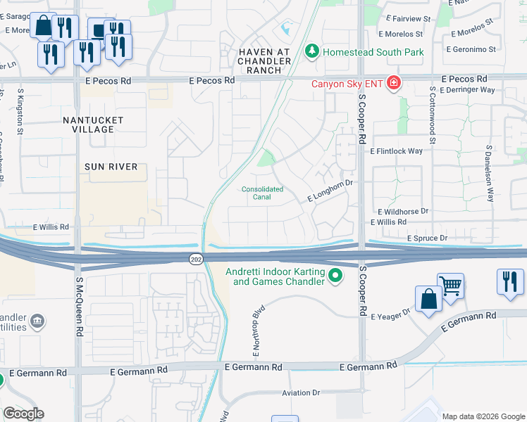 map of restaurants, bars, coffee shops, grocery stores, and more near 1671 East Wesson Drive in Chandler