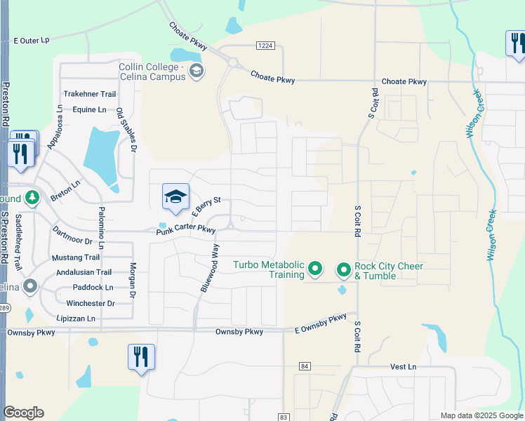 map of restaurants, bars, coffee shops, grocery stores, and more near 1109 Berry Street in Celina