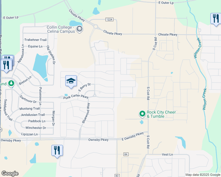 map of restaurants, bars, coffee shops, grocery stores, and more near 1109 Berry Street in Celina