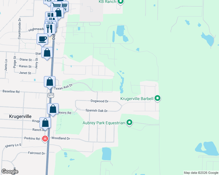 map of restaurants, bars, coffee shops, grocery stores, and more near 5408 Us Highway 377 S in Aubrey