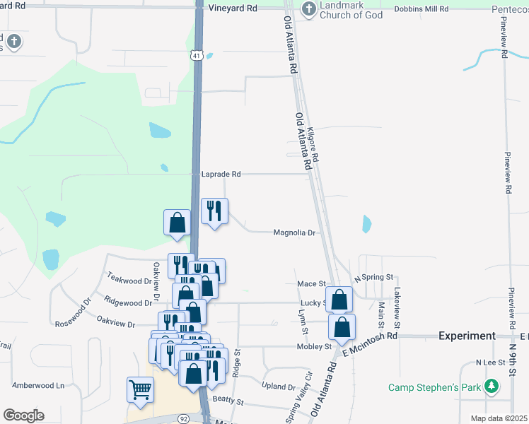 map of restaurants, bars, coffee shops, grocery stores, and more near 119 Magnolia Drive in Griffin