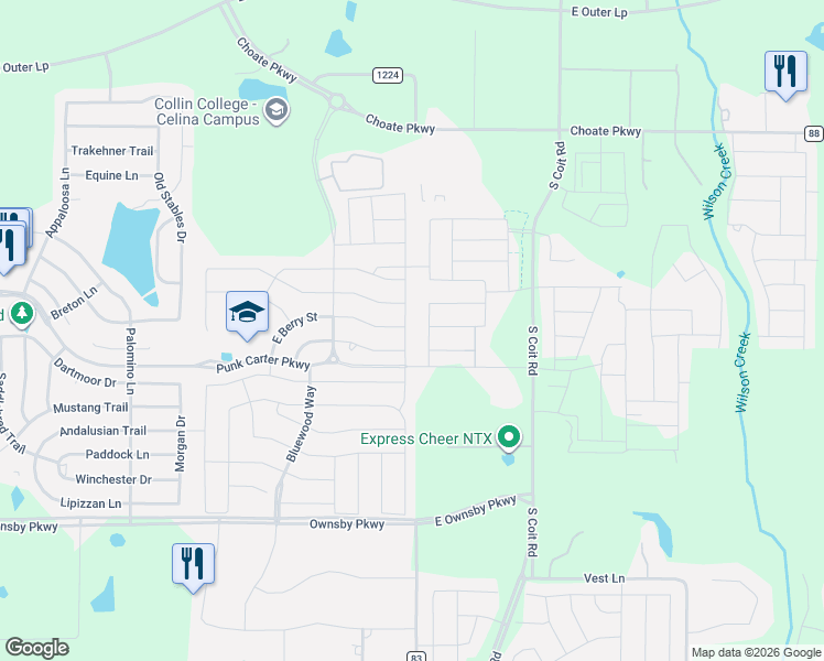 map of restaurants, bars, coffee shops, grocery stores, and more near 2900 Evergreen Trail in Celina