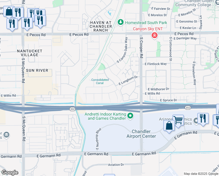 map of restaurants, bars, coffee shops, grocery stores, and more near 1761 East Wesson Drive in Chandler