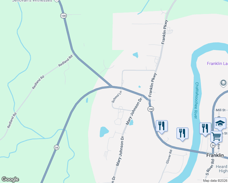 map of restaurants, bars, coffee shops, grocery stores, and more near 11350 Georgia 34 in Franklin