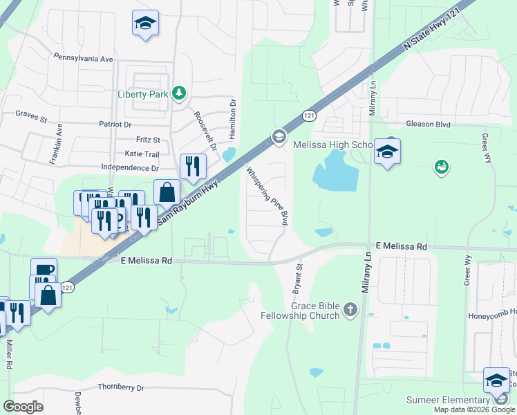 map of restaurants, bars, coffee shops, grocery stores, and more near 3013 Pinecrest Dr in Melissa
