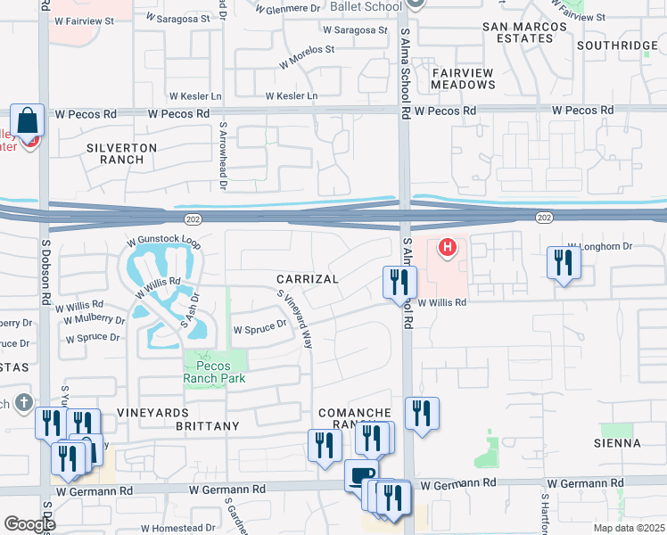 map of restaurants, bars, coffee shops, grocery stores, and more near 1131 West Longhorn Drive in Chandler