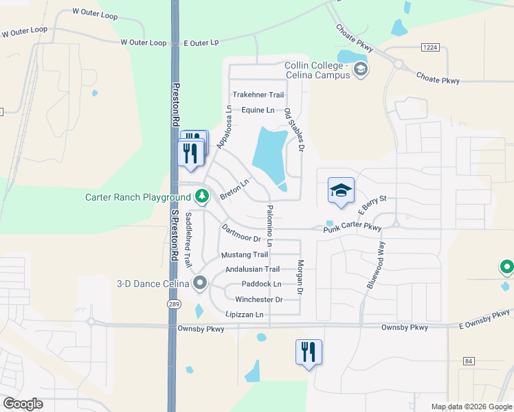 map of restaurants, bars, coffee shops, grocery stores, and more near 413 Tarpan Trail in Celina