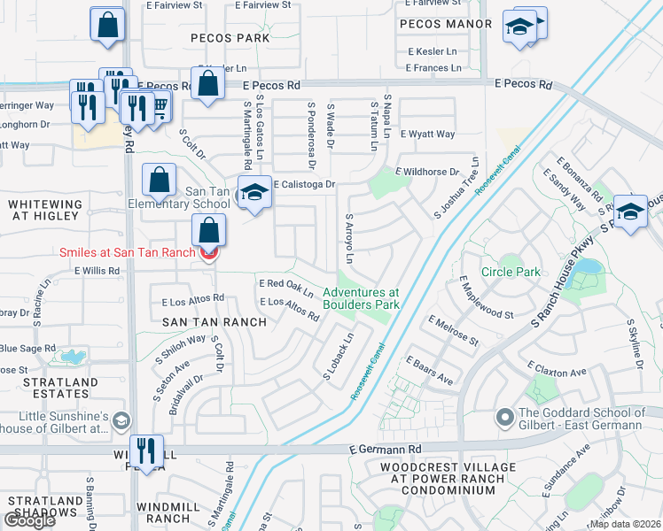 map of restaurants, bars, coffee shops, grocery stores, and more near 3610 South Cupertino Drive in Gilbert