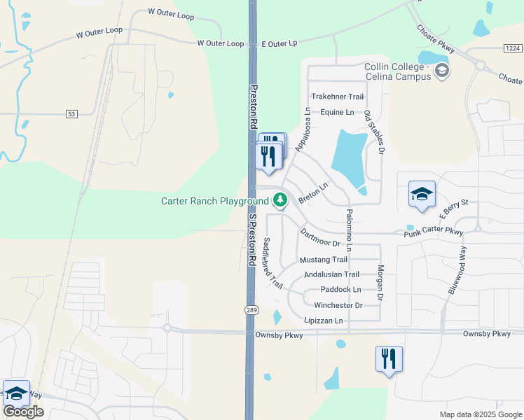 map of restaurants, bars, coffee shops, grocery stores, and more near 2801 Saddlebred Trail in Celina