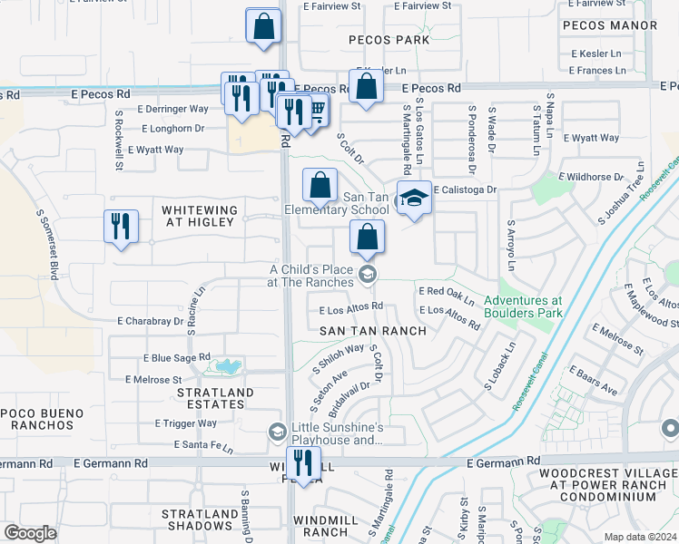 map of restaurants, bars, coffee shops, grocery stores, and more near 3591 South San Benito Drive in Gilbert