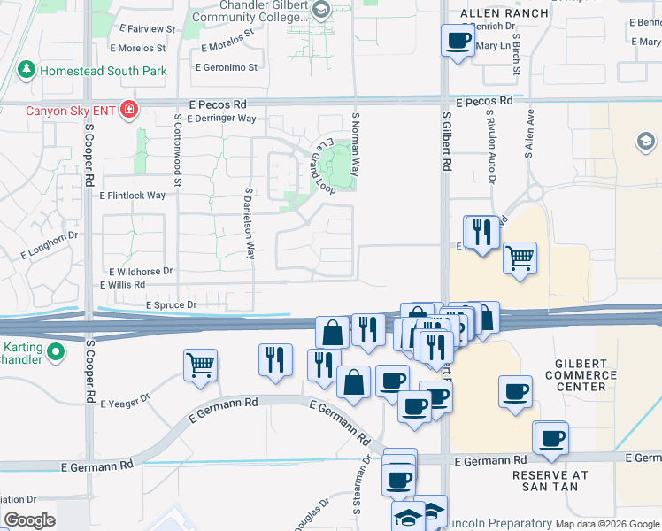 map of restaurants, bars, coffee shops, grocery stores, and more near 2680 East Wildhorse Place in Chandler