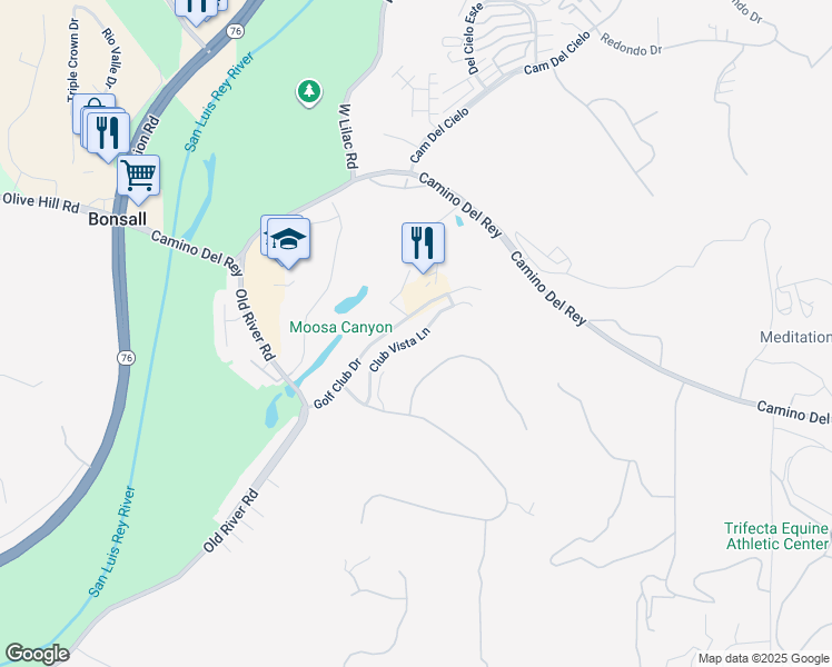 map of restaurants, bars, coffee shops, grocery stores, and more near 31410 Club Vista Lane in Bonsall
