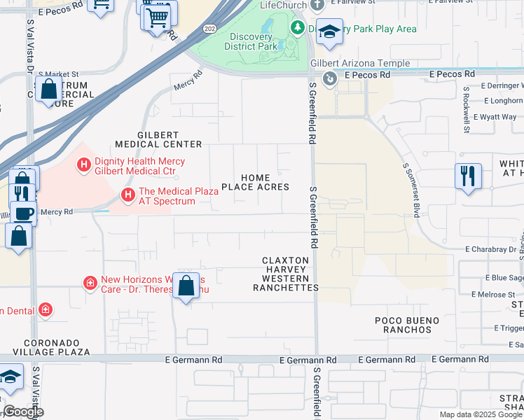 map of restaurants, bars, coffee shops, grocery stores, and more near 3573 South 158th Place in Gilbert