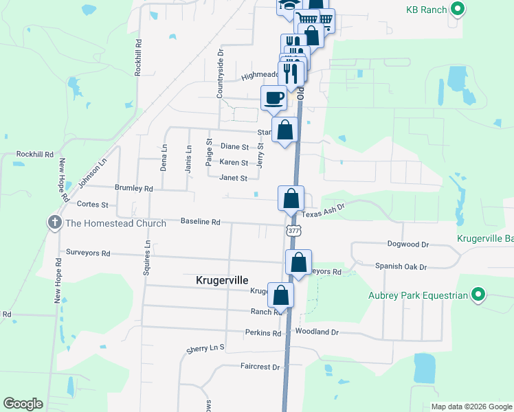 map of restaurants, bars, coffee shops, grocery stores, and more near 108 Baseline Road in Krugerville