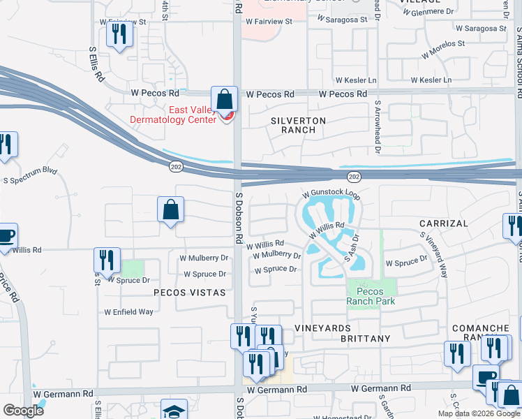 map of restaurants, bars, coffee shops, grocery stores, and more near 1874 West Remington Drive in Chandler