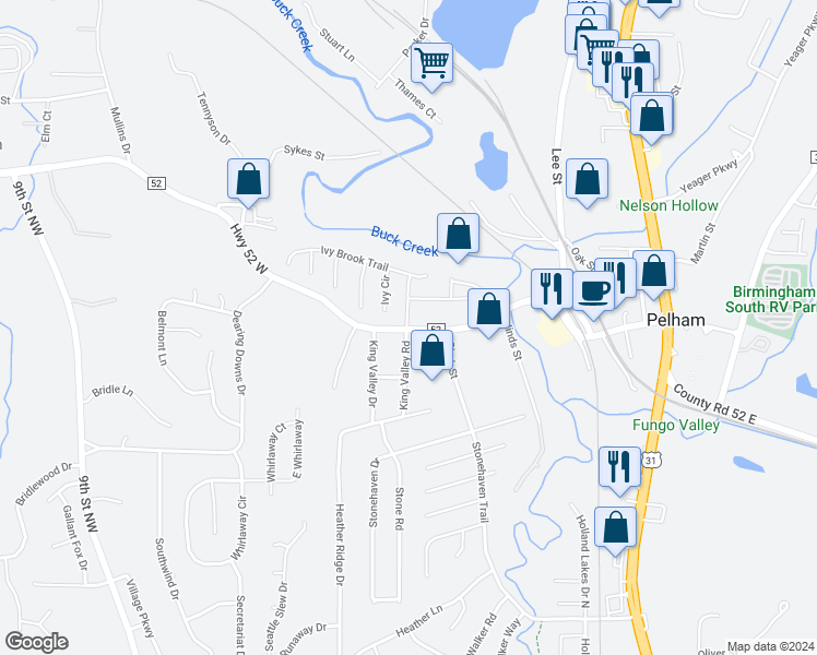 map of restaurants, bars, coffee shops, grocery stores, and more near 101 Ivy Brook Drive in Pelham