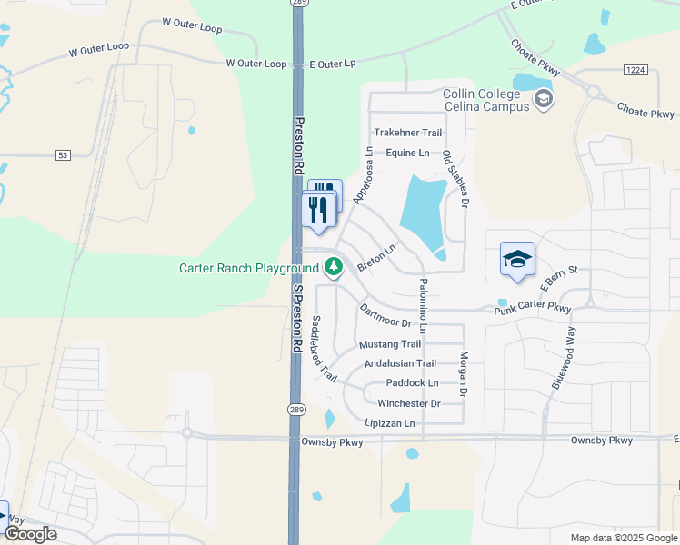 map of restaurants, bars, coffee shops, grocery stores, and more near 351 Punk Carter Parkway in Celina