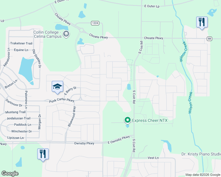 map of restaurants, bars, coffee shops, grocery stores, and more near 4001-4999 Co Road 86 in Prosper