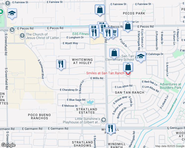 map of restaurants, bars, coffee shops, grocery stores, and more near 3111 East Red Oak Court in Gilbert