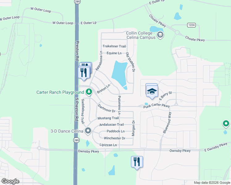 map of restaurants, bars, coffee shops, grocery stores, and more near 413 Tarpan Trail in Celina