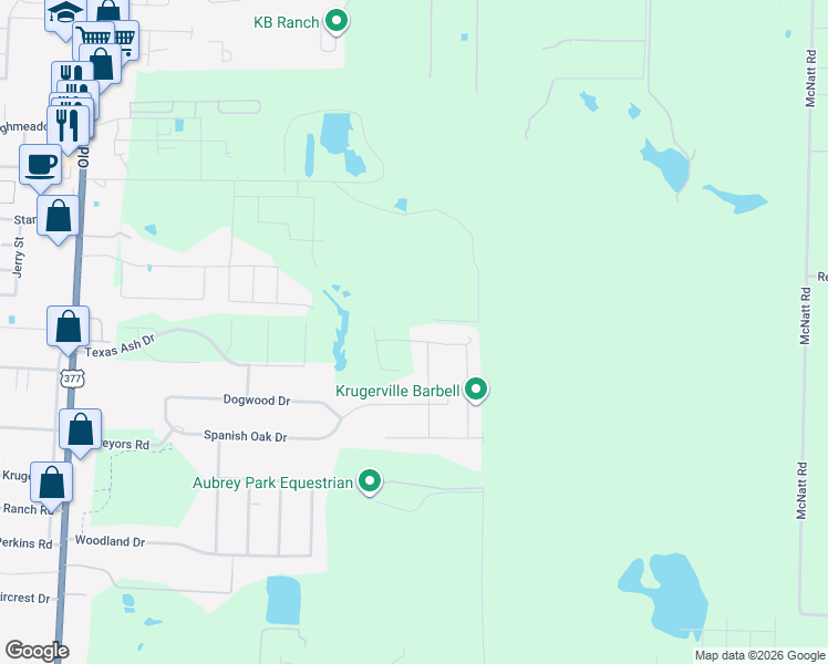 map of restaurants, bars, coffee shops, grocery stores, and more near 129 Willow Oak Drive in Krugerville