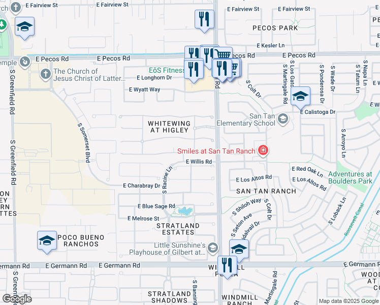 map of restaurants, bars, coffee shops, grocery stores, and more near 3111 East Red Oak Court in Gilbert