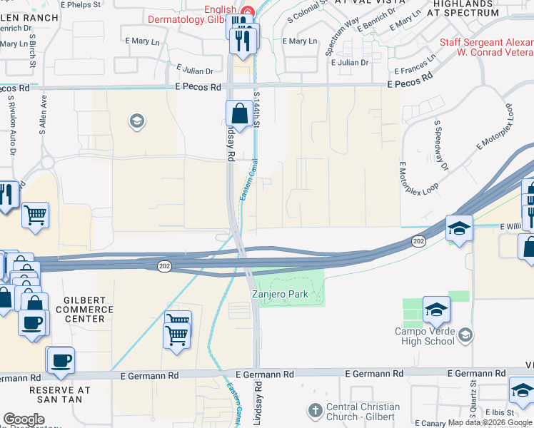 map of restaurants, bars, coffee shops, grocery stores, and more near 17845 South 144th Street in Gilbert
