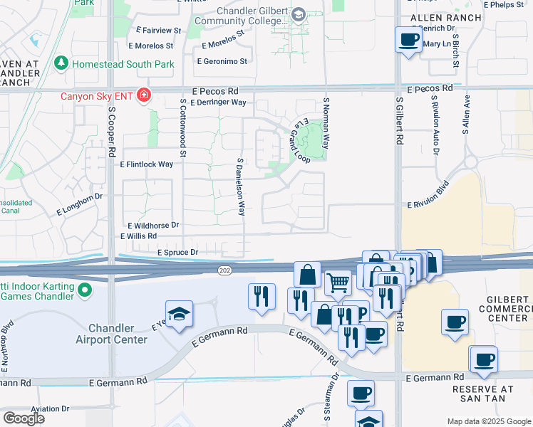 map of restaurants, bars, coffee shops, grocery stores, and more near 1430 South Nash Way in Chandler