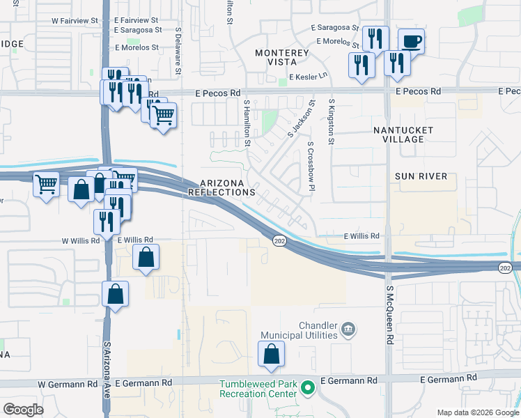 map of restaurants, bars, coffee shops, grocery stores, and more near 1315 South San Vincente Court in Chandler