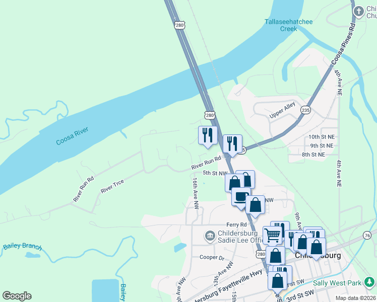 map of restaurants, bars, coffee shops, grocery stores, and more near 80 River Run Road in Childersburg