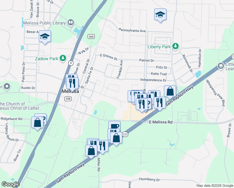 map of restaurants, bars, coffee shops, grocery stores, and more near 2214 Harrison Street in Melissa