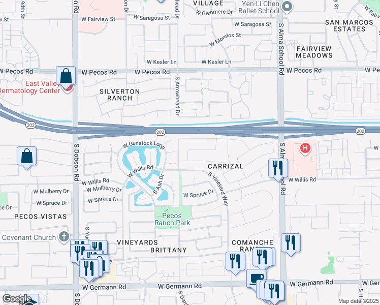 map of restaurants, bars, coffee shops, grocery stores, and more near 1475 West Remington Drive in Chandler
